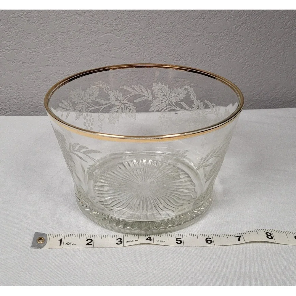 Bartlett-Collins Etched Glass Bowl Ice Bucket Golden Grapes Vintage 1940s